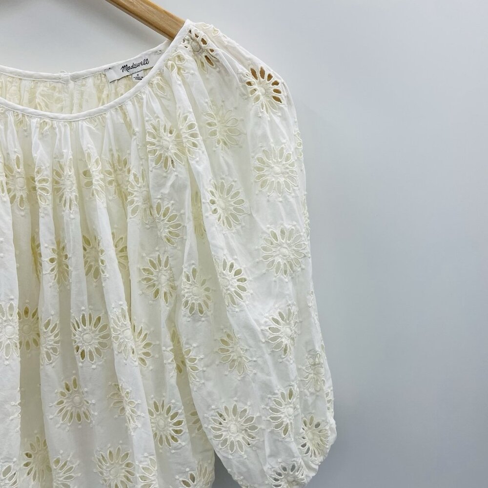 Madewell Womens Size Small Embroidered Shirred Puff Sleeve Top Floral Eyelet 333 - Picture 5 of 11